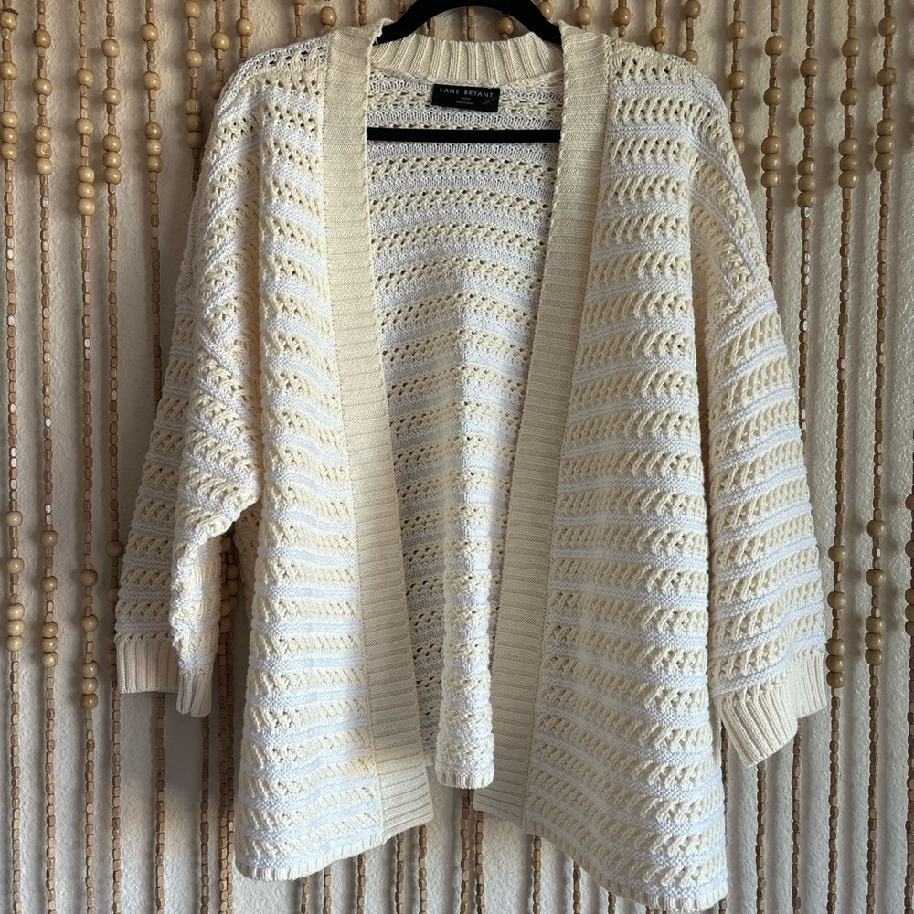 Lane Bryant Open Weave Cream White Draped Cottage Business Casual Cozy Cardigan